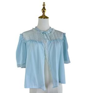 Vintage 50s Snowdon Coquette Pastel Blue Nylon & Lace Pinup Bed Jacket Size L